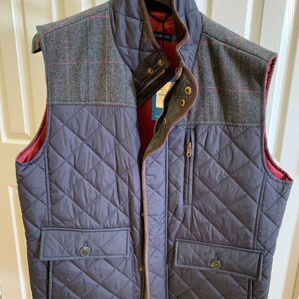 Vince Camuto Mens Quilted Vest Size Large Navy Quilted with Plaid-patterned yoke